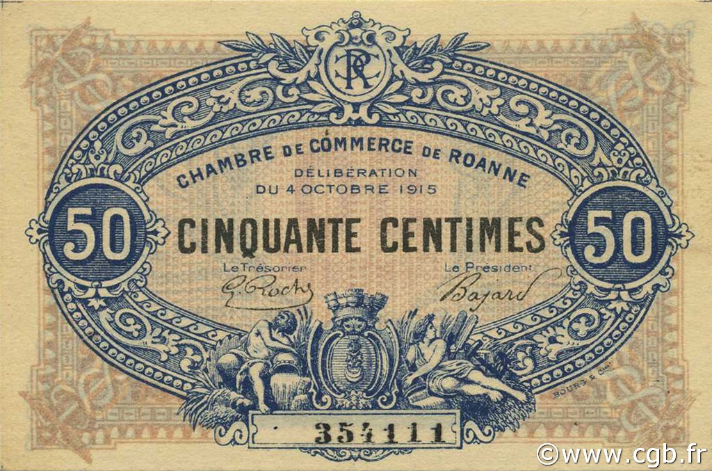 50 Centimes FRANCE regionalism and various Roanne 1915 JP.106.07 AU+