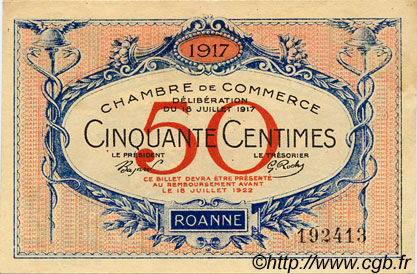 50 Centimes FRANCE regionalismo e varie Roanne 1917 JP.106.09 BB to SPL