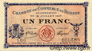 1 Franc FRANCE regionalism and miscellaneous Roanne 1917 JP.106.12 AU+