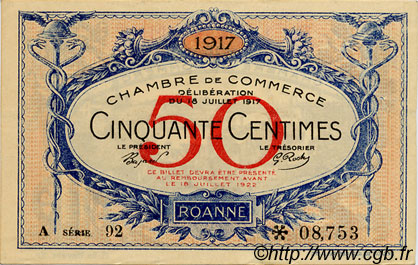 50 Centimes FRANCE Regionalismus und verschiedenen Roanne 1917 JP.106.15 SS to VZ