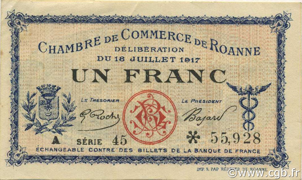 1 Franc FRANCE regionalism and miscellaneous Roanne 1917 JP.106.17 VF - XF