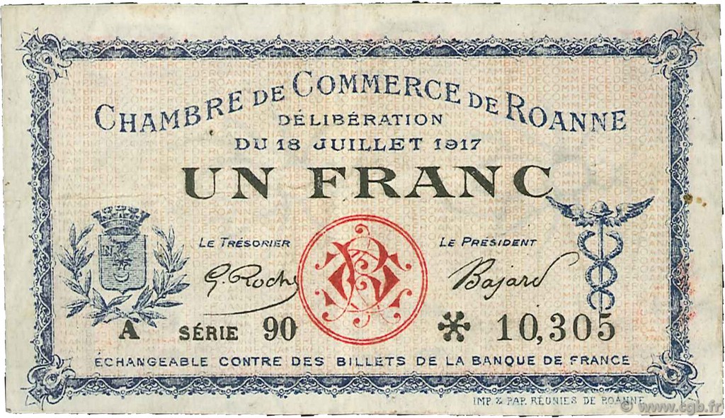 1 Franc FRANCE regionalism and miscellaneous Roanne 1917 JP.106.17 F
