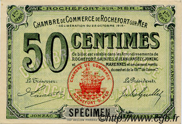 50 Centimes Spécimen FRANCE regionalismo y varios Rochefort-Sur-Mer 1915 JP.107.02 SC a FDC