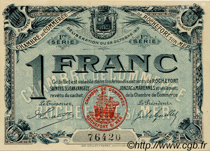 1 Franc FRANCE regionalismo y varios Rochefort-Sur-Mer 1915 JP.107.04 SC a FDC