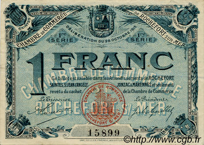 1 Franc FRANCE regionalismo y varios Rochefort-Sur-Mer 1915 JP.107.04 MBC a EBC
