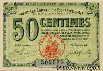 50 Centimes FRANCE regionalismo e varie Rochefort-Sur-Mer 1915 JP.107.07 AU a FDC
