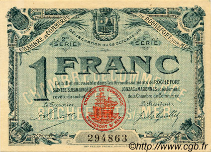 1 Franc FRANCE regionalismo y varios Rochefort-Sur-Mer 1915 JP.107.09 MBC a EBC