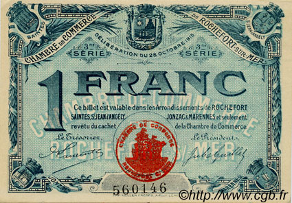 1 Franc FRANCE regionalism and various Rochefort-Sur-Mer 1915 JP.107.13 AU+