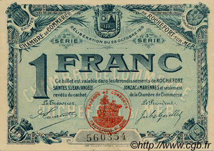 1 Franc FRANCE regionalismo y varios Rochefort-Sur-Mer 1915 JP.107.13 MBC a EBC