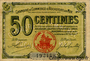 50 Centimes FRANCE regionalismo e varie Rochefort-Sur-Mer 1915 JP.107.15 MB