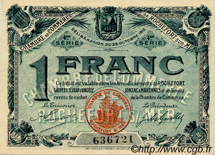 1 Franc FRANCE regionalism and various Rochefort-Sur-Mer 1915 JP.107.16 AU+
