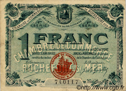 1 Franc FRANCE Regionalismus und verschiedenen Rochefort-Sur-Mer 1915 JP.107.16 SS to VZ