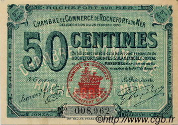 50 Centimes FRANCE Regionalismus und verschiedenen Rochefort-Sur-Mer 1920 JP.107.17 fST to ST