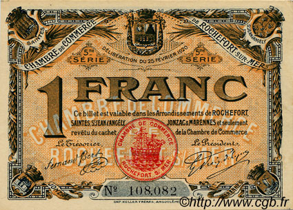 1 Franc FRANCE regionalismo y varios Rochefort-Sur-Mer 1920 JP.107.19 SC a FDC