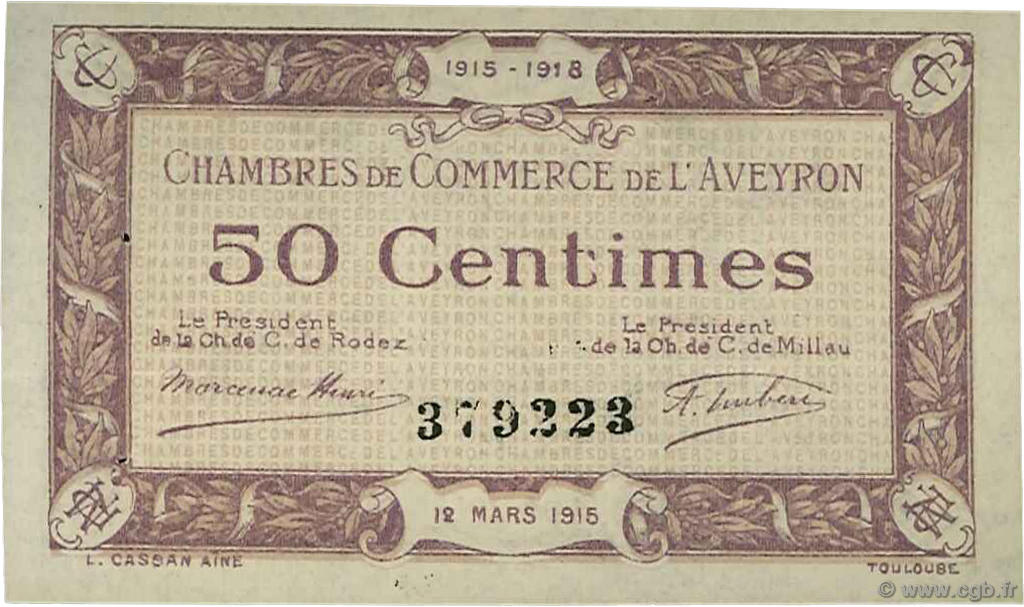 50 Centimes FRANCE regionalism and various Rodez et Millau 1915 JP.108.01 AU+