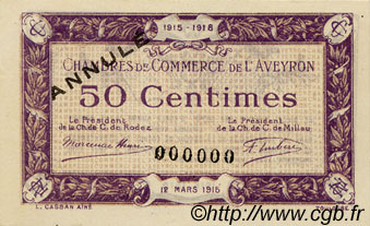 50 Centimes Annulé FRANCE regionalism and miscellaneous Rodez et Millau 1915 JP.108.03 AU+