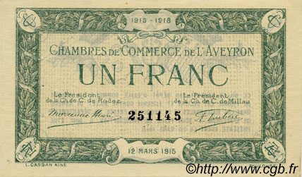 1 Franc FRANCE regionalismo e varie Rodez et Millau 1915 JP.108.05 AU a FDC