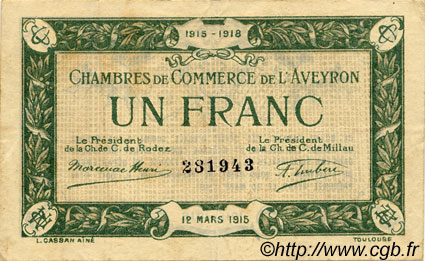 1 Franc FRANCE Regionalismus und verschiedenen Rodez et Millau 1915 JP.108.05 SS to VZ