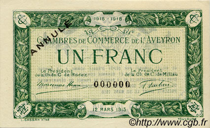 1 Franc Annulé FRANCE Regionalismus und verschiedenen Rodez et Millau 1915 JP.108.06 fST to ST