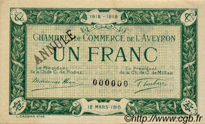 1 Franc Annulé FRANCE regionalism and miscellaneous Rodez et Millau 1915 JP.108.07 AU+