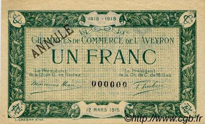 1 Franc Annulé FRANCE regionalismo e varie Rodez et Millau 1915 JP.108.07 BB to SPL