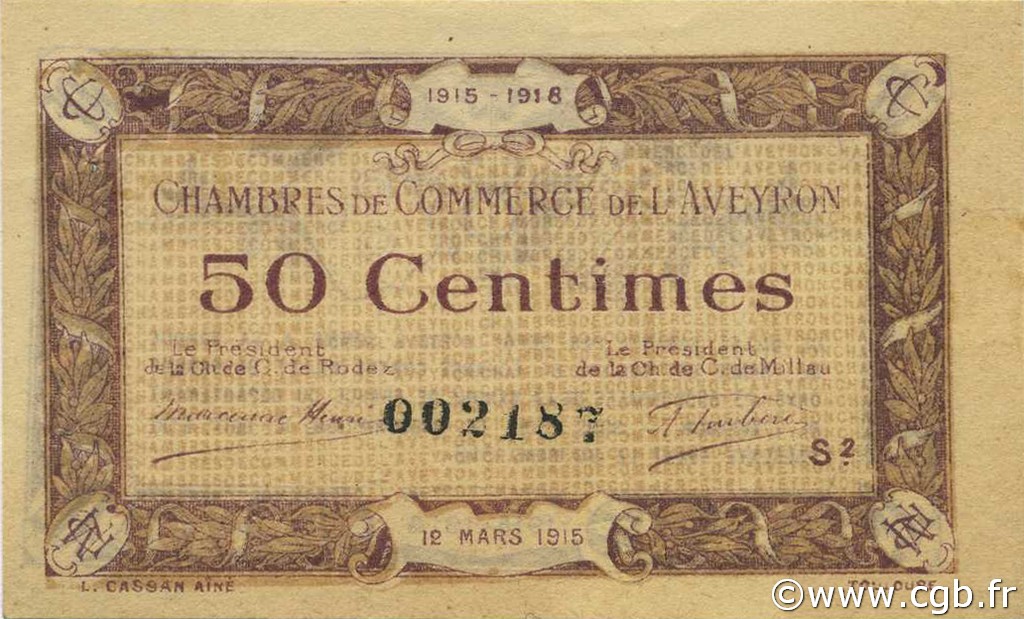 50 Centimes FRANCE regionalismo y varios Rodez et Millau 1915 JP.108.08 MBC a EBC