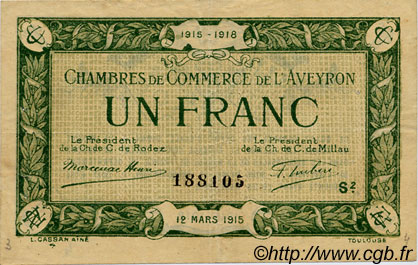 1 Franc FRANCE regionalism and various Rodez et Millau 1915 JP.108.09 VF - XF