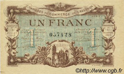 1 Franc FRANCE regionalismo e varie Rodez et Millau 1917 JP.108.14 AU a FDC