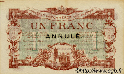 1 Franc Annulé FRANCE Regionalismus und verschiedenen Rodez et Millau 1917 JP.108.15 fST to ST