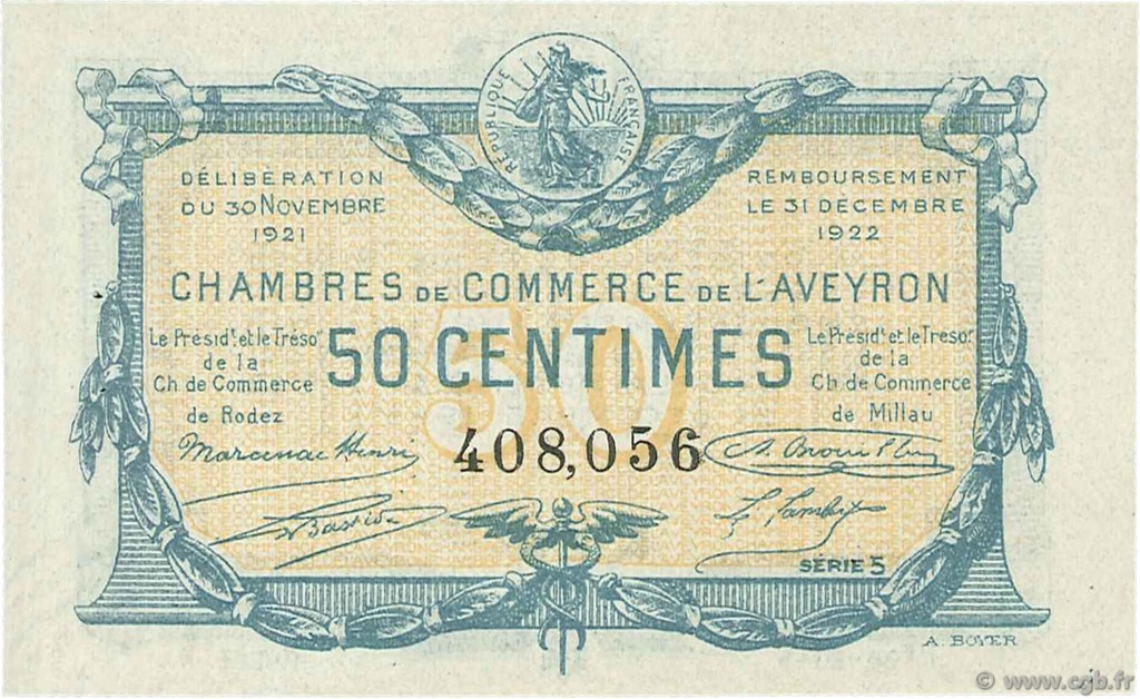 50 Centimes FRANCE Regionalismus und verschiedenen Rodez et Millau 1921 JP.108.16 SS to VZ