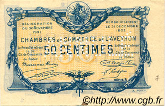 50 Centimes Annulé FRANCE regionalism and various Rodez et Millau 1921 JP.108.17 AU+