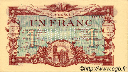 1 Franc Annulé FRANCE Regionalismus und verschiedenen Rodez et Millau 1921 JP.108.19 fST to ST
