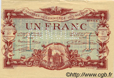 1 Franc Annulé FRANCE Regionalismus und verschiedenen Rodez et Millau 1921 JP.108.19 SS to VZ