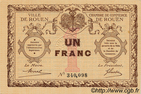 1 Franc FRANCE regionalism and miscellaneous Rouen 1920 JP.110.03 AU+