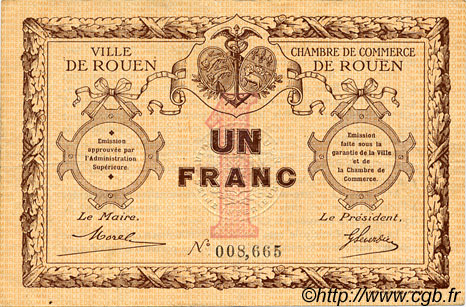 1 Franc FRANCE regionalismo e varie Rouen 1920 JP.110.03 BB to SPL
