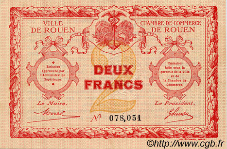 2 Francs FRANCE regionalism and miscellaneous Rouen 1920 JP.110.05 AU+