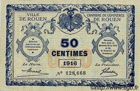 50 Centimes FRANCE regionalismo e varie Rouen 1915 JP.110.07 BB to SPL