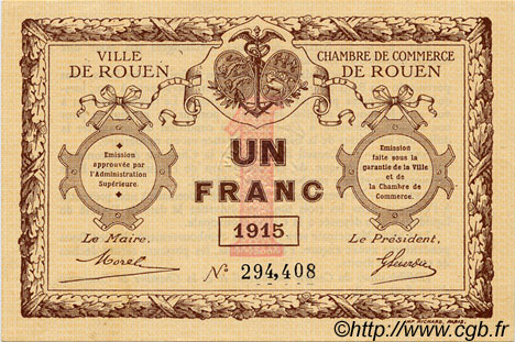 1 Franc FRANCE regionalismo e varie Rouen 1915 JP.110.10 BB to SPL