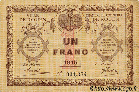 1 Franc FRANCE régionalisme et divers Rouen 1915 JP.110.10 TB
