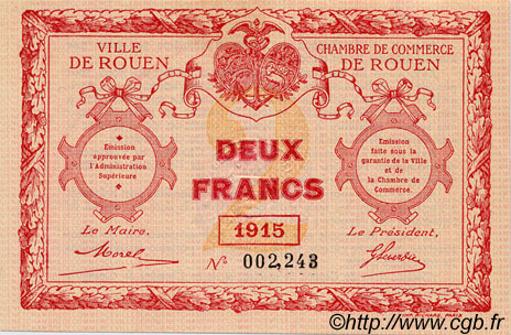 2 Francs FRANCE regionalism and various Rouen 1915 JP.110.13 AU+