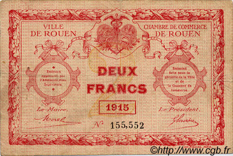2 Francs FRANCE Regionalismus und verschiedenen Rouen 1915 JP.110.13 S