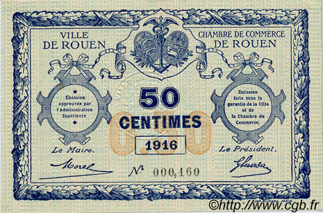 50 Centimes FRANCE regionalismo y varios Rouen 1916 JP.110.18 SC a FDC