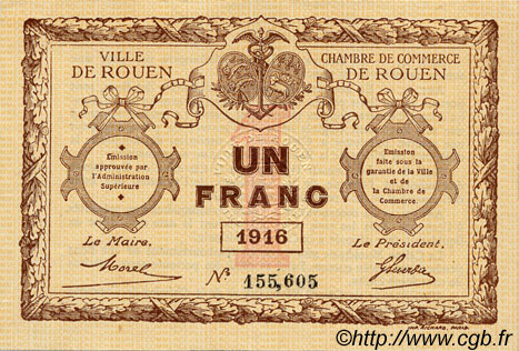 1 Franc FRANCE regionalismo y varios Rouen 1916 JP.110.21 SC a FDC