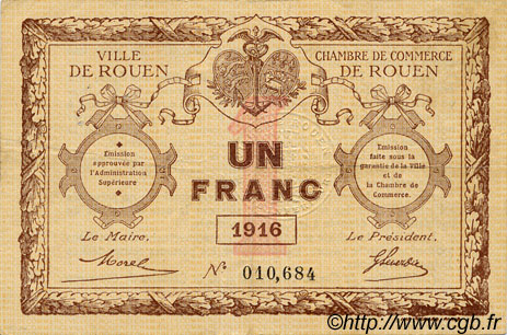 1 Franc FRANCE regionalismo y varios Rouen 1916 JP.110.21 MBC a EBC