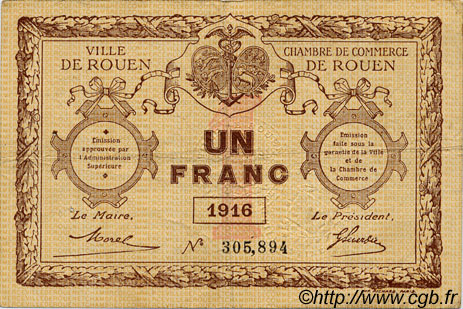1 Franc FRANCE régionalisme et divers Rouen 1916 JP.110.21 TB