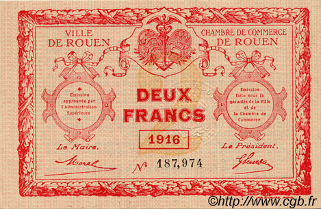 2 Francs FRANCE regionalism and various Rouen 1916 JP.110.25 AU+