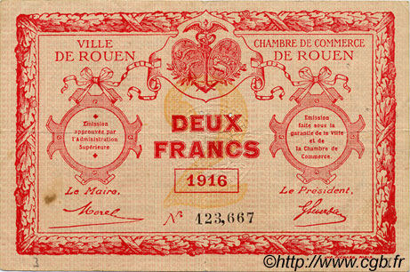 2 Francs FRANCE Regionalismus und verschiedenen Rouen 1916 JP.110.25 SS to VZ