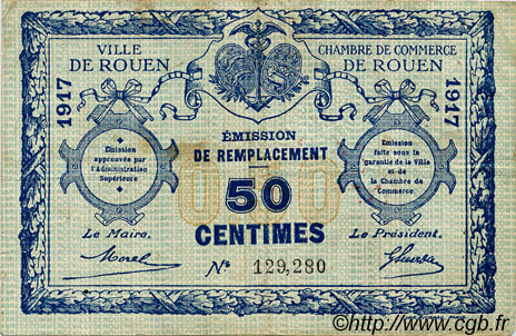50 Centimes FRANCE regionalism and miscellaneous Rouen 1917 JP.110.28 F