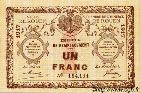 1 Franc FRANCE regionalism and various Rouen 1917 JP.110.30 AU+