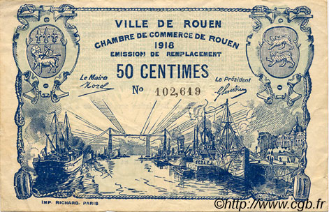 50 Centimes FRANCE regionalismo e varie Rouen 1918 JP.110.37 BB to SPL